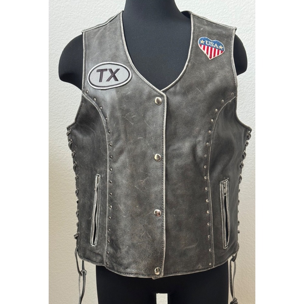 Antelope Creek Size XL Womens Heavy Gray TX Leather Vest Motorcycle Laces
